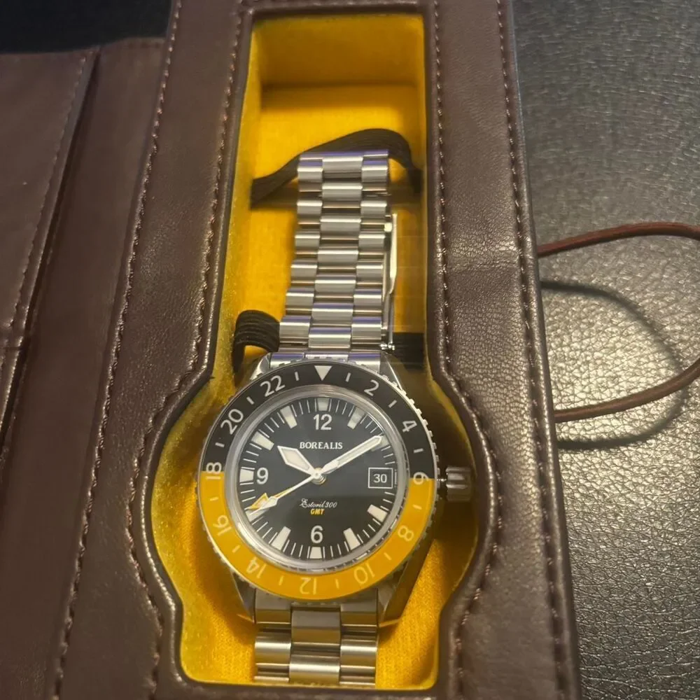 Borealis Estoril 300 GMT Black Dial Arabic Numbers Date Yellow Bezel Version A